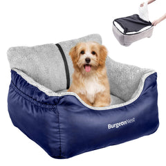 BurgeonNest dog car seat blue front view showing secure travel booster for small dogs