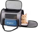 BurgeonNest cat carrier blue front view demonstrates under-seat airline compatibility for travel.