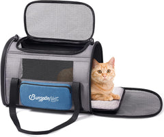 BurgeonNest cat carrier blue front view demonstrates under-seat airline compatibility for travel.
