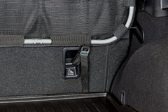 Bushwhacker cargo barrier close-up of scratch-resistant mesh protecting pet and vehicle from wear and tear.