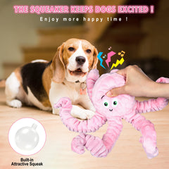 BUYPOW Dog Squeaky Toy Octopus pink side view highlights durable plush design.