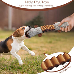 BUYPOW Platypus tug-of-war toy display showing interactive play with dogs