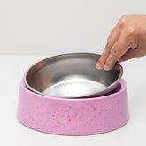 bzyoo elevated pink pet bowl side view for easier feeding
