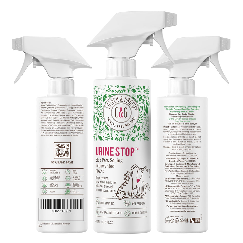 C&G Pets Urine Stop Spray bottle front view for quick odour control