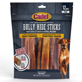 Cadet Bully Hide Sticks packaging hero showing a 12-count pack for small dogs, long-lasting chew.