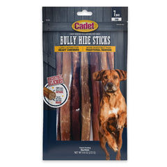 Cadet Bully Hide Sticks packaging highlights all-natural, long-lasting chews for large dogs
