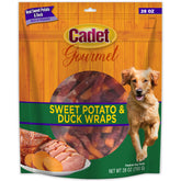 Cadet Sweet Potato Duck Wraps packaging showcases premium limited ingredient dog treats