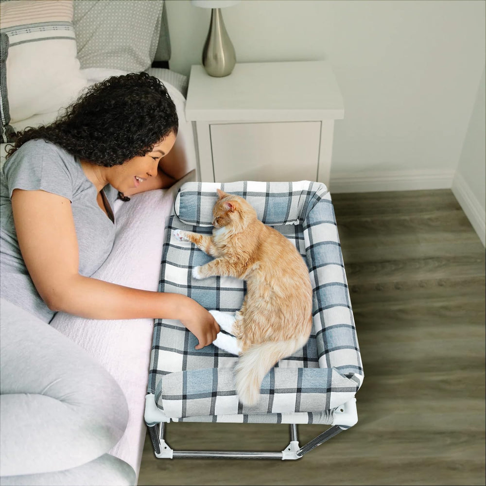 Caghash bedside cosleeper dog bed closeup with cradle pillow for snuggle-ready comfort