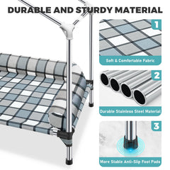 Caghash Portable Raised Pet Bed Camping scene emphasizes easy transport and setup.