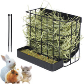 CAIQINLI rabbit hay feeder with hook installed for secure, space-saving mounting.