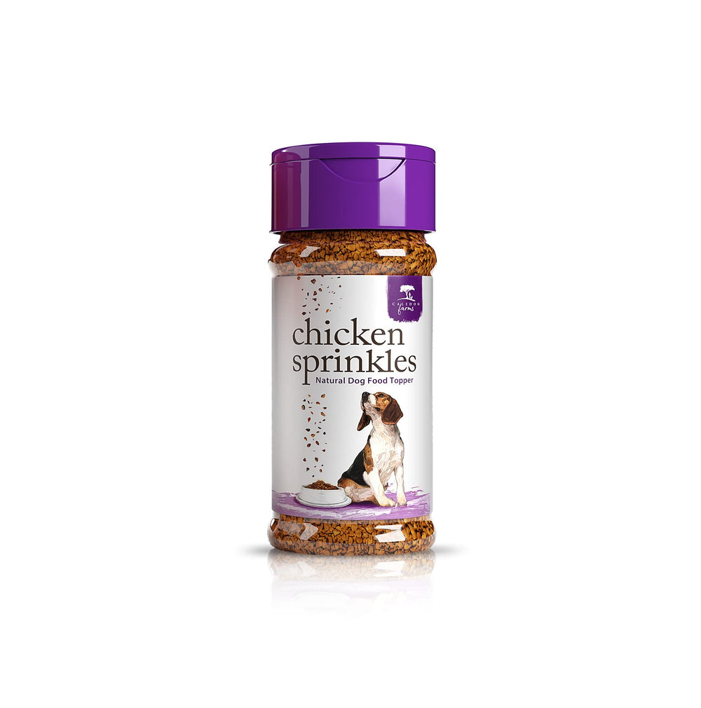 Caledon Farms Chicken Sprinkles Topper closeup flakes adds savory flavor to dog meals