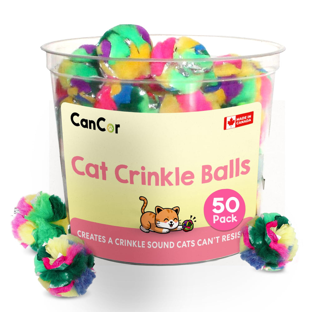 Cancor Innovations cat crinkle ball pack 50 ready for indoor play and enrichment.