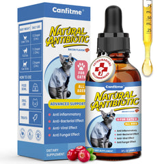 Canfitme Antibitics for Cats bottle front, signaling natural ingredients for immune support and overall health.