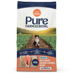 Canidae Pure Farm to Bowl salmon kibble closeup highlighting premium ingredients for a healthy coat
