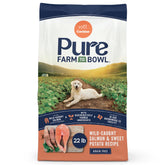 CANIDAE Pure Farm to Bowl bag shows grain-free salmon recipe for healthy coat