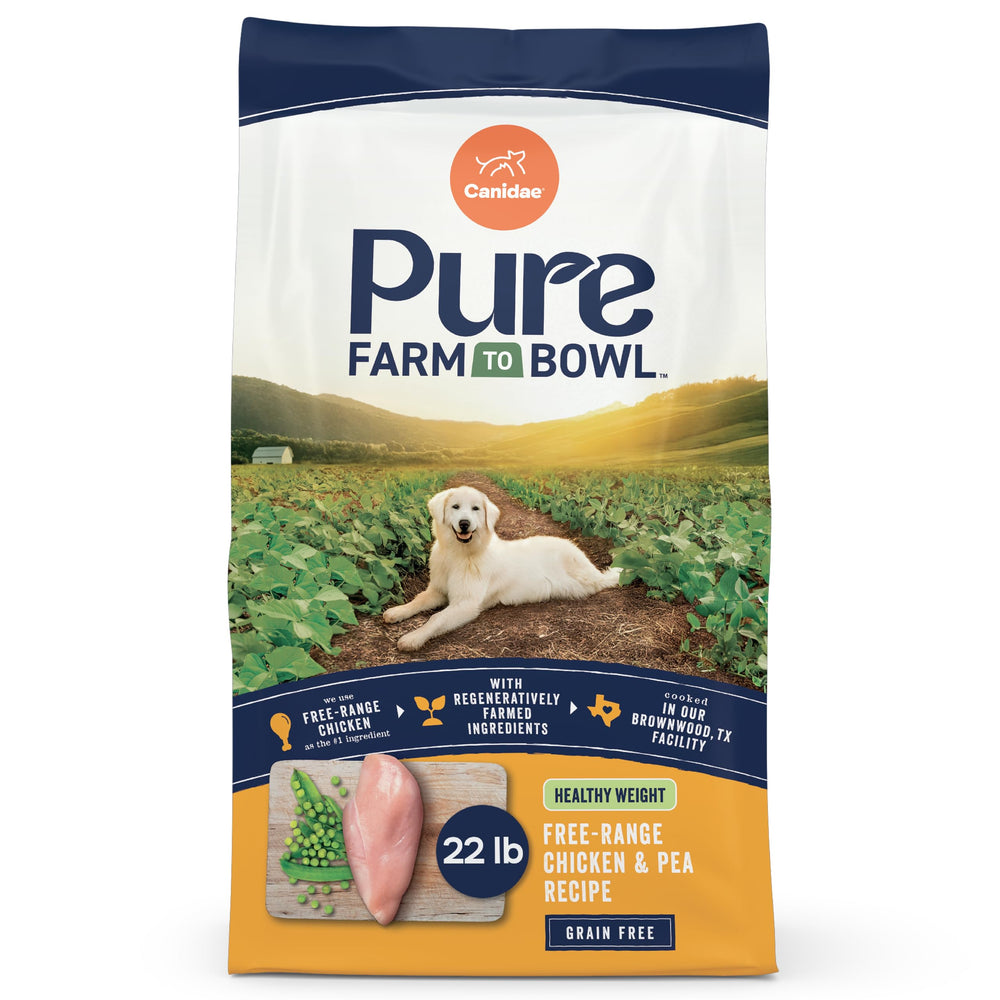 CANIDAE Pure Farm to Bowl free-range chicken kibble boosts lean muscle and weight management.
