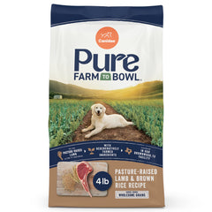 CANIDAE Pure Farm to Bowl lamb kibble bag front highlights pasture-raised ingredients for balanced nutrition