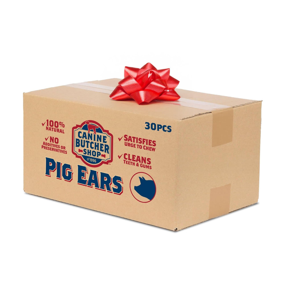 Canine Butcher Shop pig ears 30-pack for long-lasting chewing sessions.