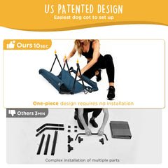 CANINE CANYON folding-raised-dog-bed outdoors with a resting dog on the cot.