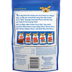 Canine Carry Outs sausage links beef snacks closeup, rich beef aroma invites tasty treats.