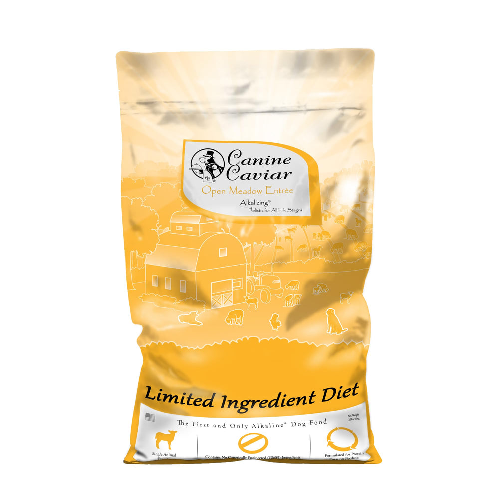 Canine Caviar Open Meadow bag front showing limited ingredients for sensitive digestion.