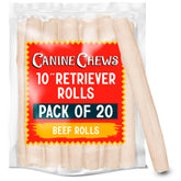 Canine Chews 10in rawhide roll package highlights sturdy, long-lasting chew for large dogs.