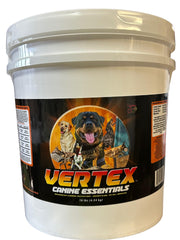 Vertex high-performance dog supplement jar highlights premium protein for lean muscle support and recovery