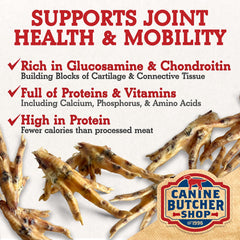 Canine Butcher Shop dehydrated chicken feet closeup showcases natural flavor and texture.