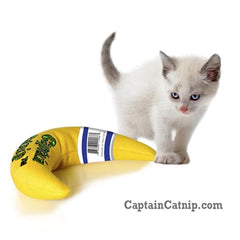 Captain Catnip cat banana toy stress-relief action during play.