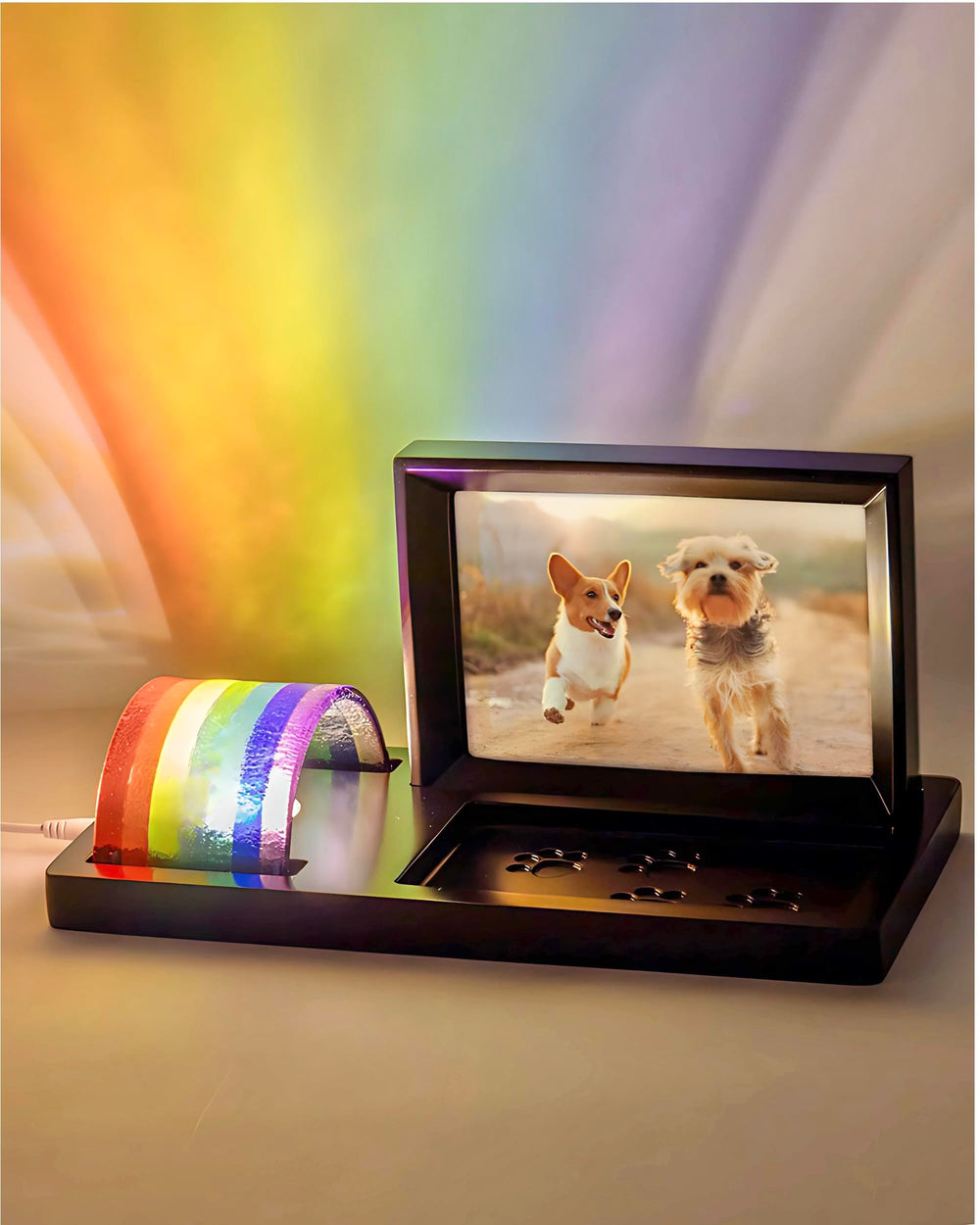 Capti Rainbow Bridge light frame setup showing LED glow and memorial ambiance.