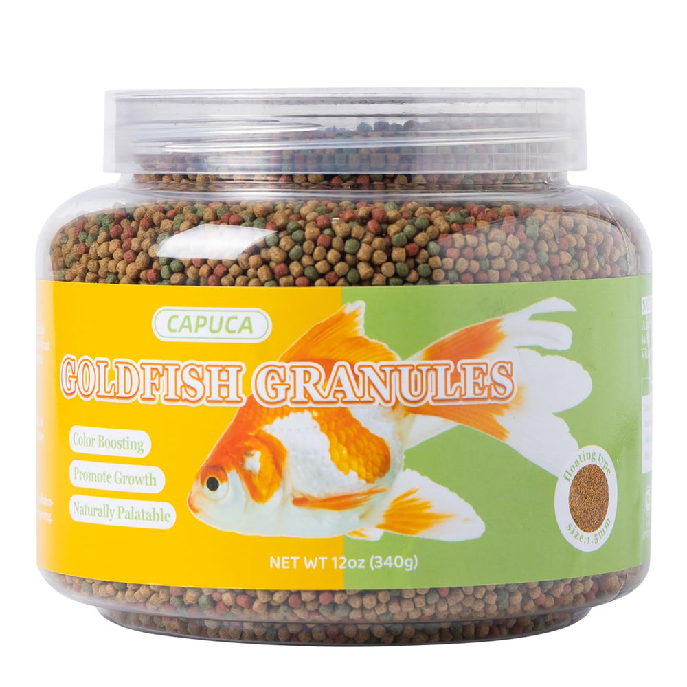 Capuca Goldfish Food floating pellets color-enhancing formula boosts vibrant colors