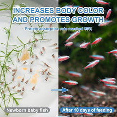 Capuca Instant Baby Brine Shrimp Food fry-tank scene highlights growth and color.