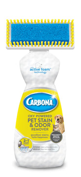 Carbona Oxy-Powered Pet Stain Remover bottle demonstrates quick stain lift and odor control.