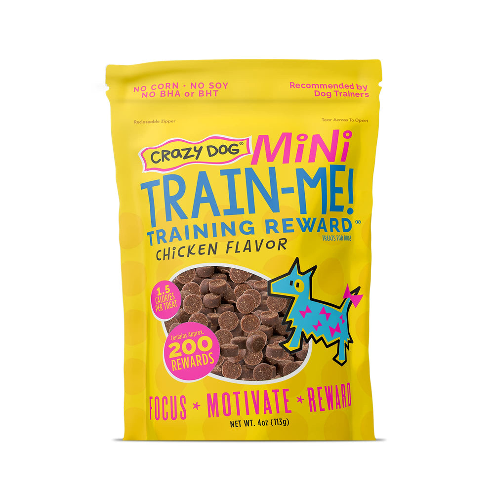Cardinal Pet Care Crazy Dog Train-Me bag packaging shows the reward for training.