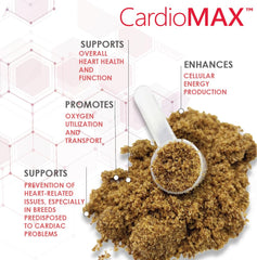 CARDIOMAX taurine-rich granules packaging showcases liver-flavored formula loved by dogs.