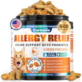 Carmelie cat allergy chews bottle shows jar for ongoing immune-friendly daily support.