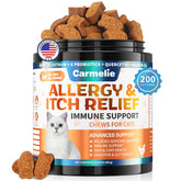 Carmelie Cat Allergy Relief Chews packaging with 200 soft chews for easy administration