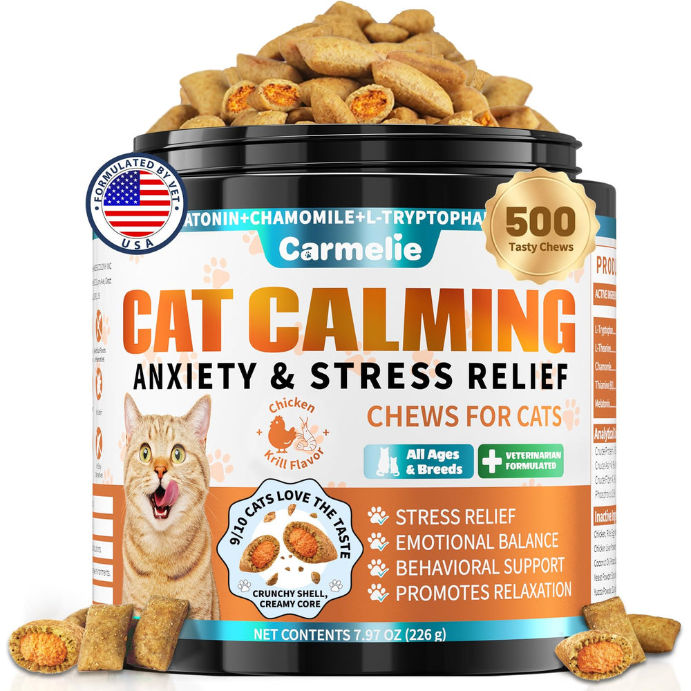 Carmelie cat calming treats packaging shown, ready to support everyday calm and stress relief
