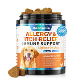 Carmelie Dog Allergy Chews bottle for convenient itch relief and calm skin.