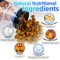 Carmelie Dog Allergy Chews ingredients list emphasizes omega-3 and probiotics for immune support.