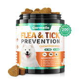 Carmelie flea tick chews bottle shows convenient daily protection for dogs against fleas and ticks.