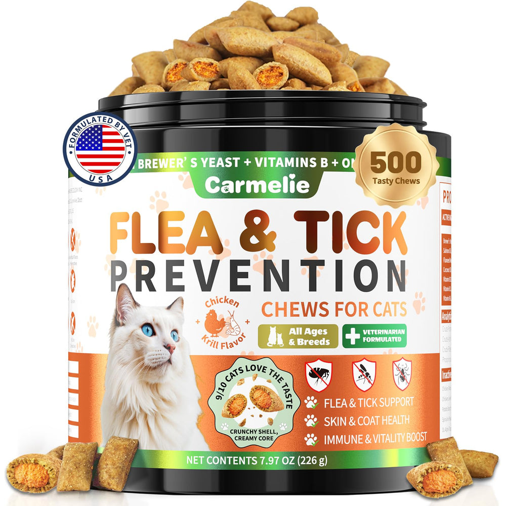 Carmelie flea tick chews bottle close-up supports daily flea defense for cats