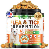 Carmelie flea tick chews bottle close-up supports daily flea defense for cats