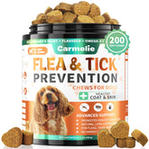 Carmelie flea chews in a dog bowl for easy dosing and tasty chicken flavor.