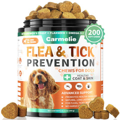 Carmelie flea chews in a dog bowl for easy dosing and tasty chicken flavor.