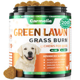 Carmelie Grass Burn Spot Chews packaging shows 200 chews for lawn protection.