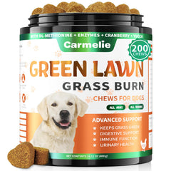 Carmelie Grass Burn Spot Chews packaging shows 200 chews for lawn protection.