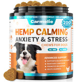 Carmelie hemp calming chews bottle closeup with soothing formula for dog anxiety relief