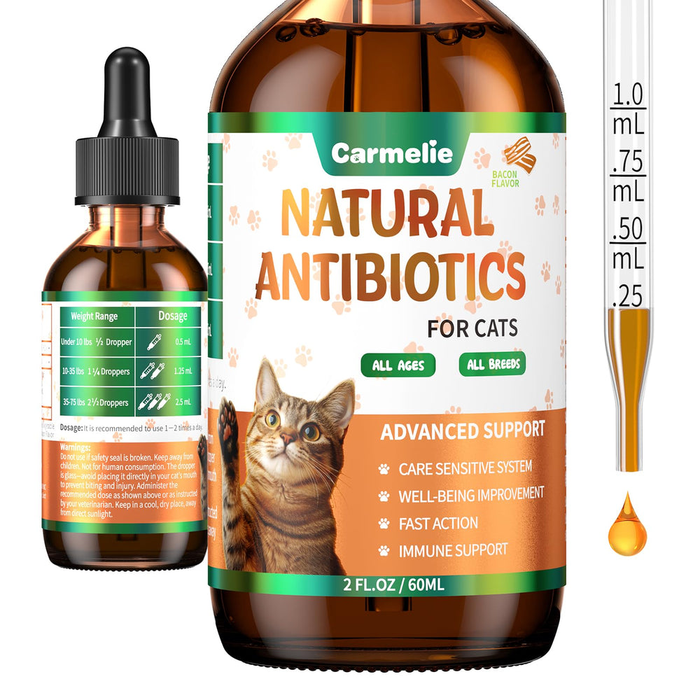 Carmelie natural antibiotics for cats bottle label highlights organic ingredients for pet wellness.