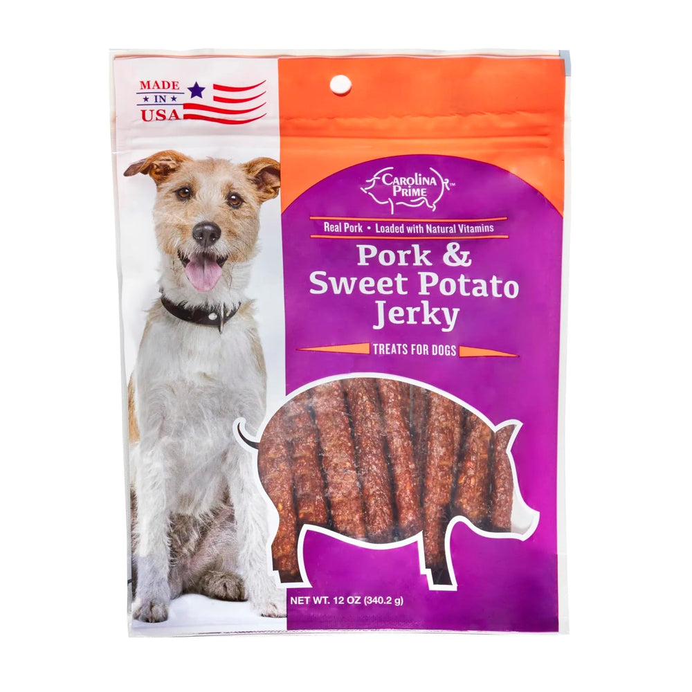 Carolina Prime Pork & Sweet Potato Jerky pack-shot highlighting real pork and sweet potatoes for tasty training rewards.